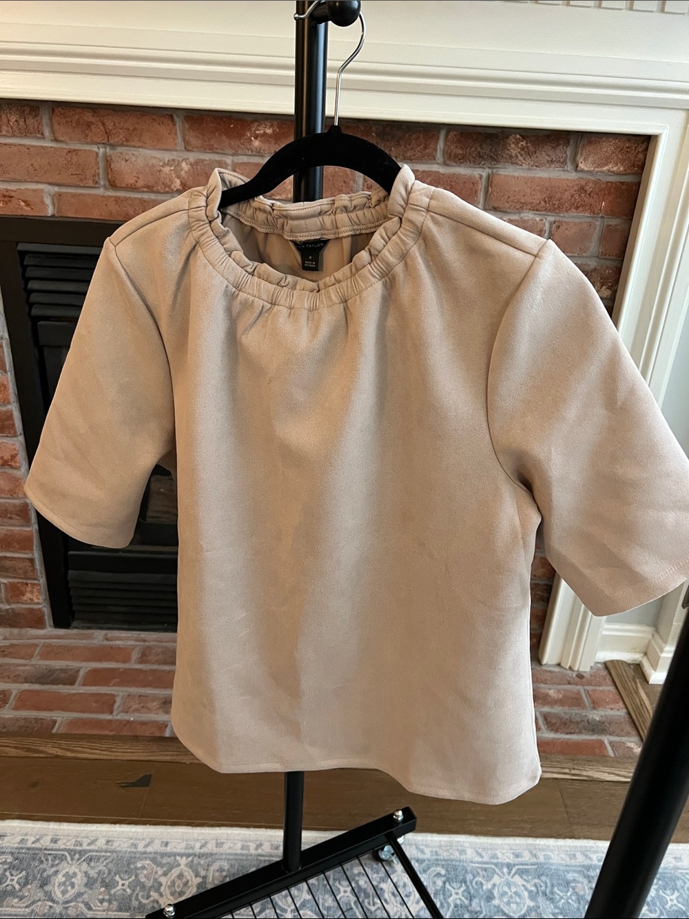 Ann Taylor Beige Short-Sleeve Blouse with Ruffled Collar